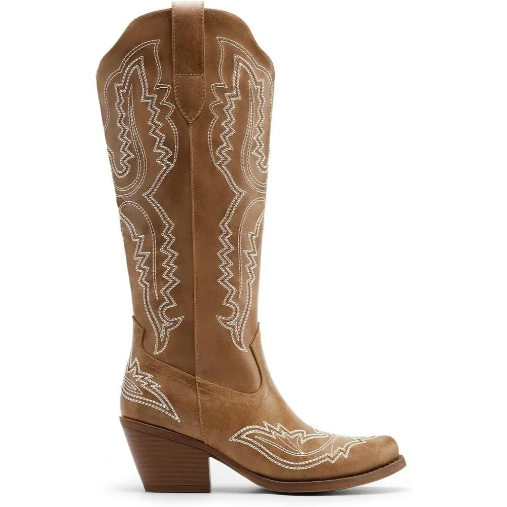 Women's Brown Square Toe Comfortable Side Zipper Tall Cowboy Knee High Boots